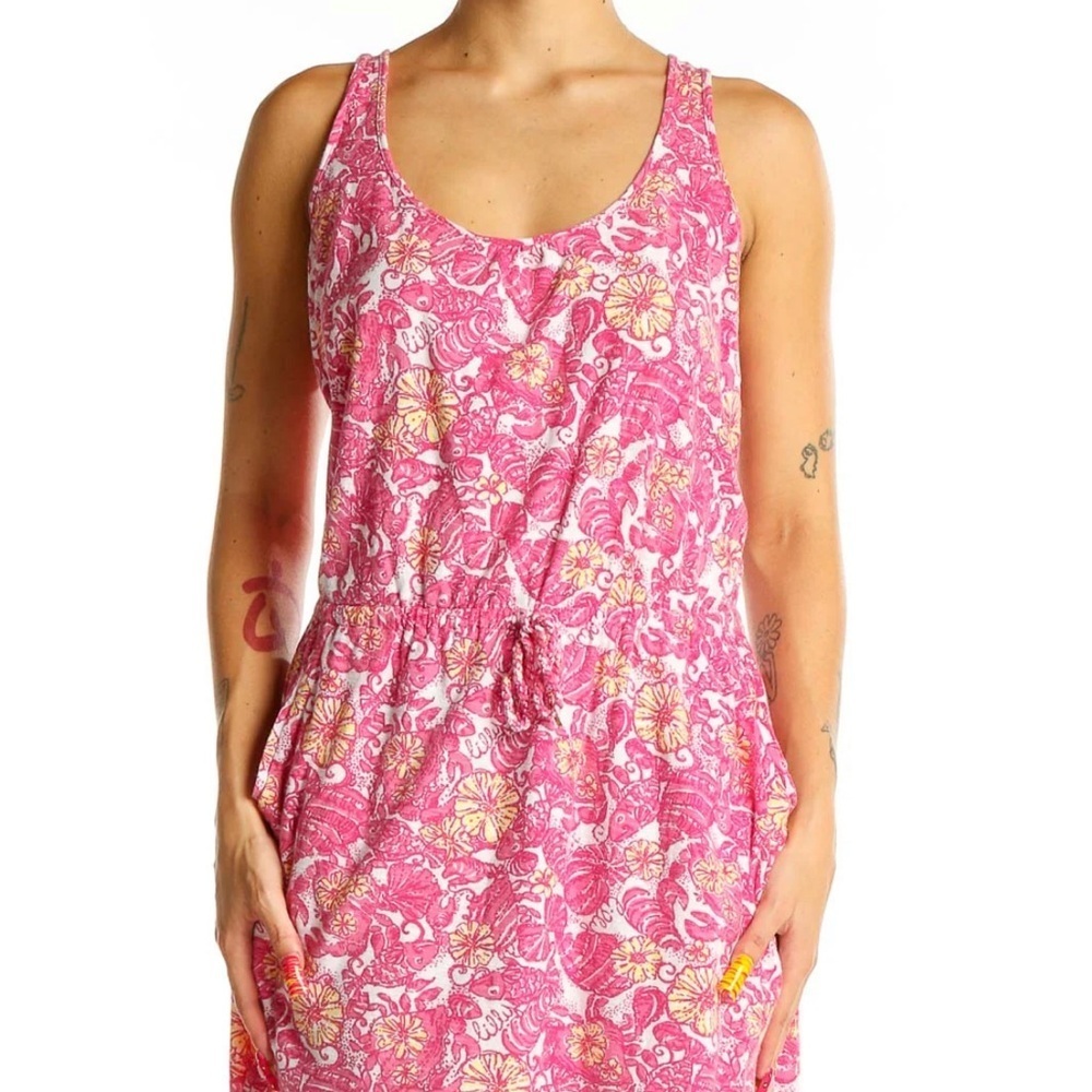 Lilly Pulitzer Kori Pink & Yellow Beach Print 100% Cotton Sleeveless Slip Dress